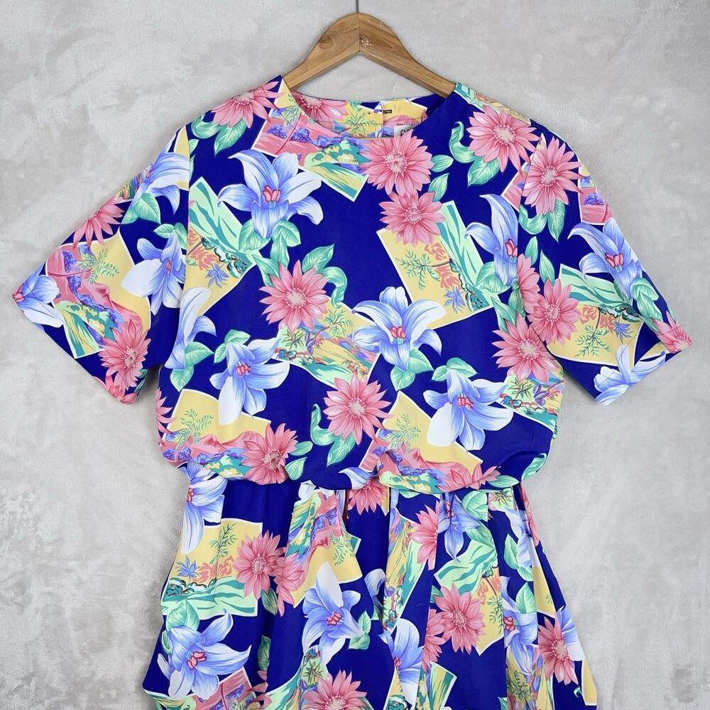 Sabino Vintage 1980s Midi Dress Bright Botanical Tiered Retro Maximalism